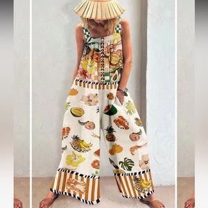 Good Timing Linen Blend Tropical Fruit Print Pocketed Wide Leg Jumpsuit